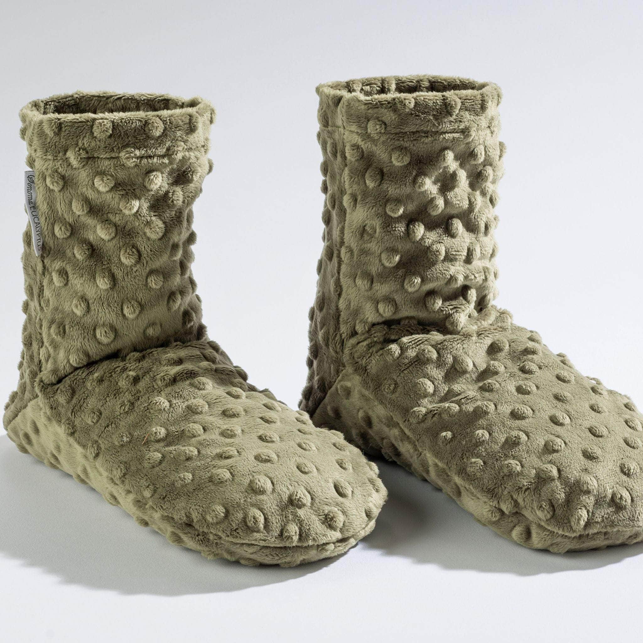 Heatable and chillable eucalyptus booties in soft green dot fabric, designed for soothing comfort and relaxation.