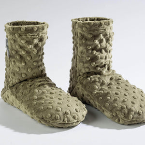 Heatable and chillable eucalyptus booties in soft green dot fabric, designed for soothing comfort and relaxation.