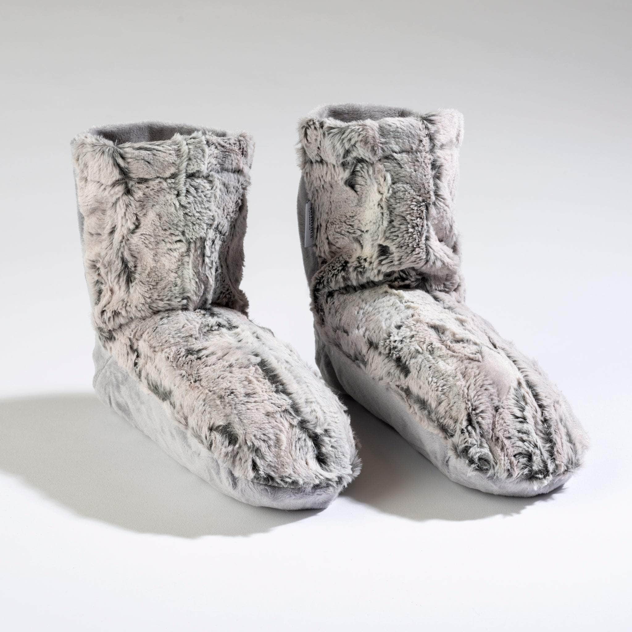 Cozy eucalyptus-infused booties in luxurious faux fur Silver Fox fabric, providing warmth, comfort, and soothing aromatherapy with every step.