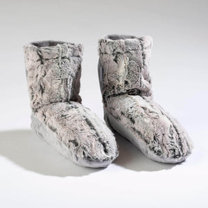 Cozy eucalyptus-infused booties in luxurious faux fur Silver Fox fabric, providing warmth, comfort, and soothing aromatherapy with every step.